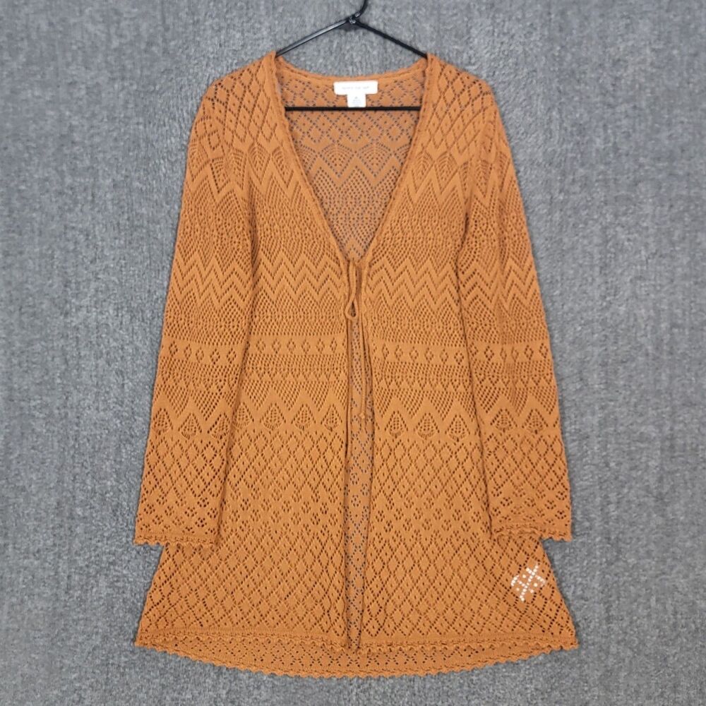 Skye's The Limit Sweater Womens XL Brown Crochet Knit Tie Front Kimono Cardigan